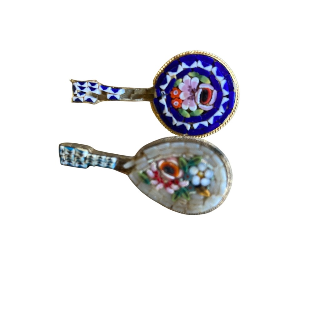 Vintage Italy Micro Mosaic Brooch Set Mandolin Banjo Floral Musical Pins Gold